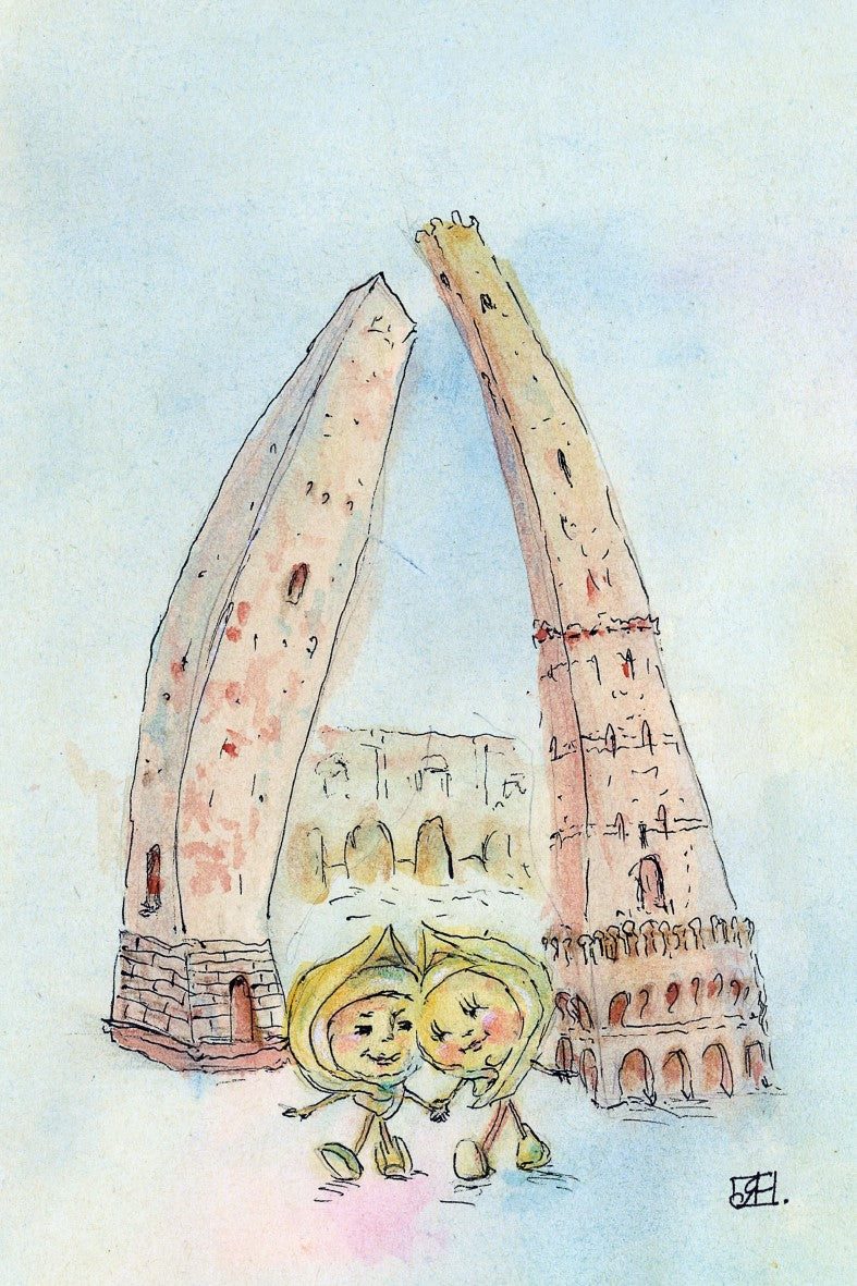Cartolina "Bologna Le Due Torri e Tortellini"