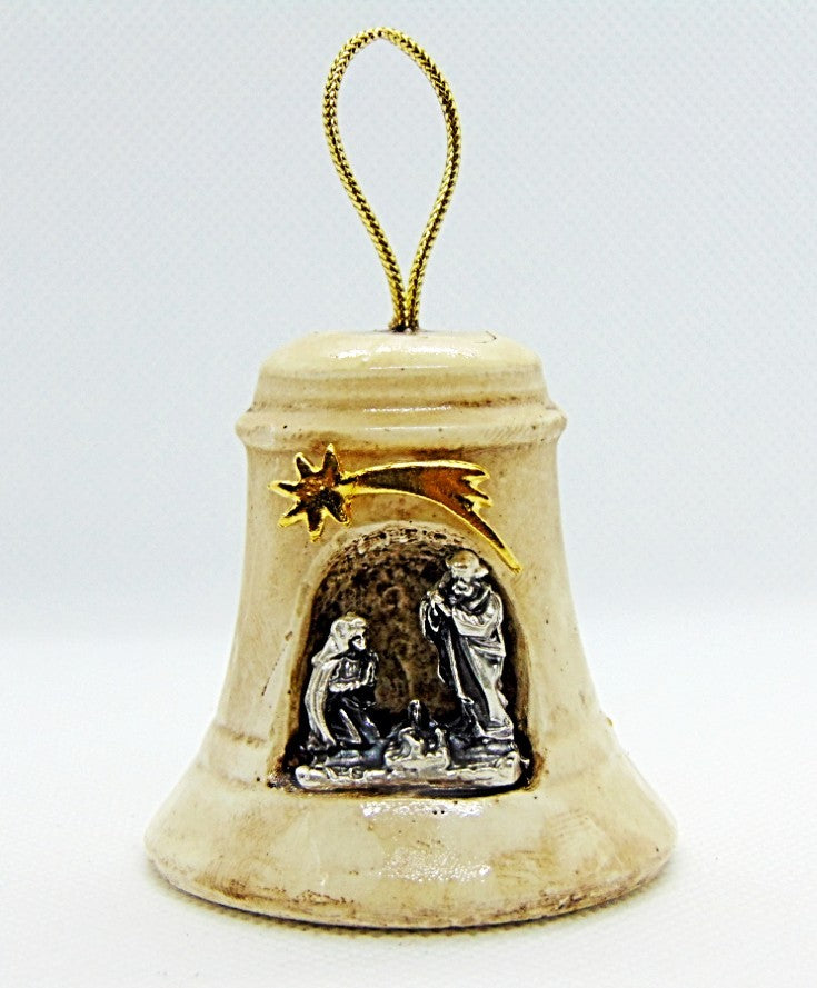 Presepe natale raffigurante campana con natività in metallo e stella cometa