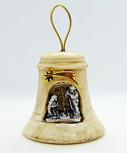 Presepe natale raffigurante campana con natività in metallo e stella cometa