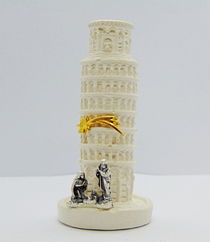Presepe natale raffigurante torre di Pisa con natività in metallo e stella cometa